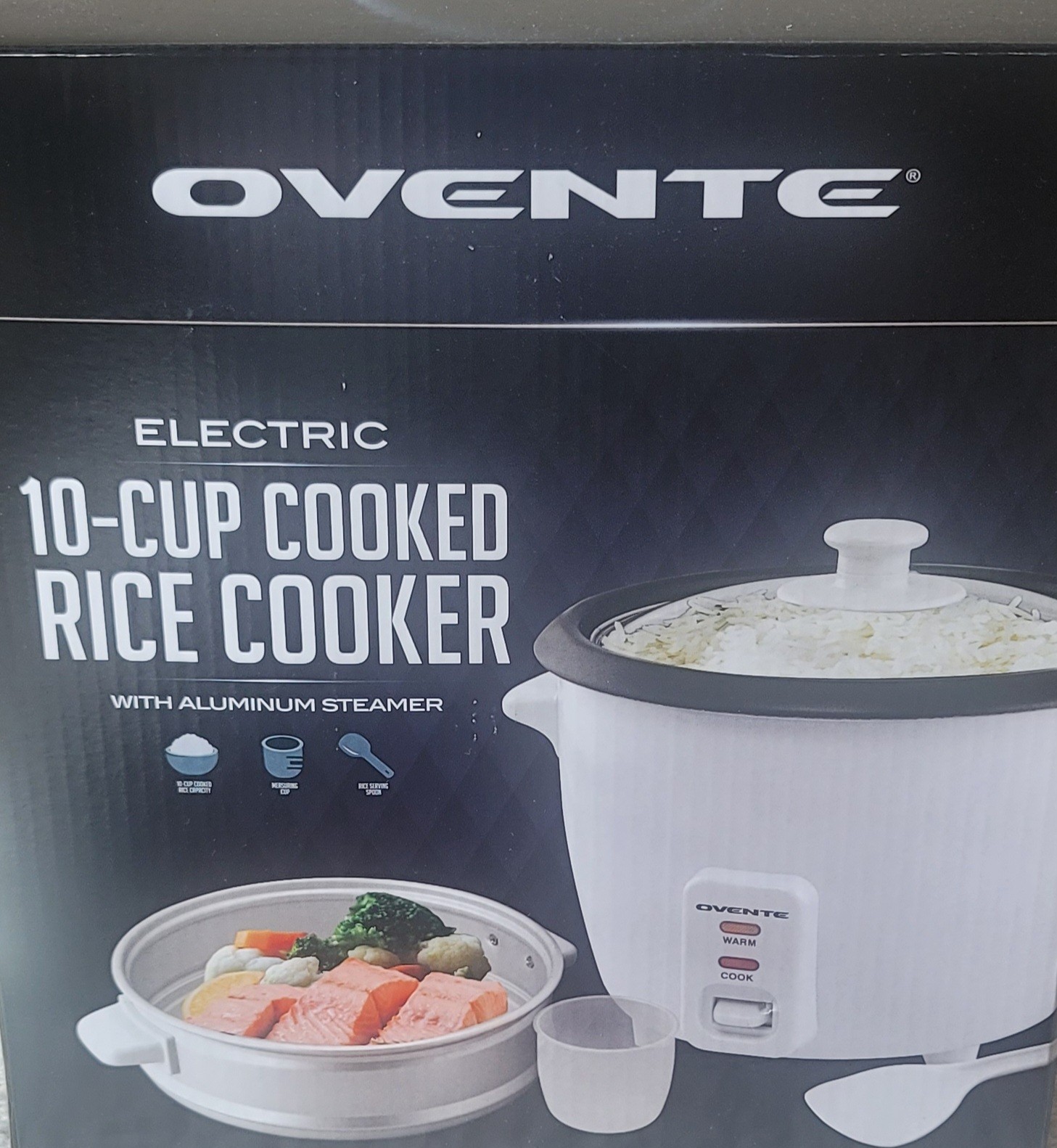 OVENTE 10-Cup White Rice Cooker & Steamer with Glass Lid, Aluminum Tray