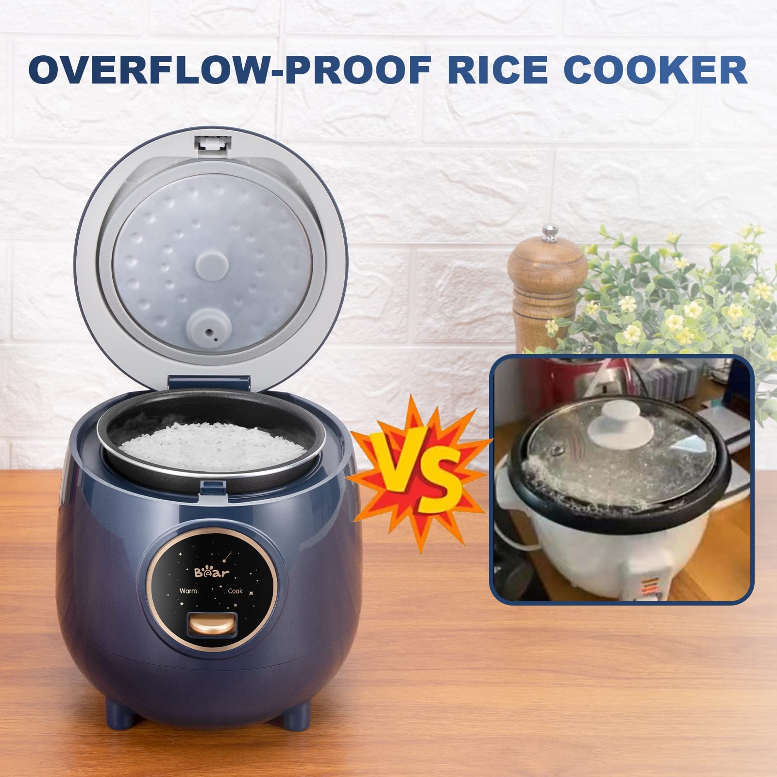 Bear Mini Rice Cooker 2 Cups Uncooked, 1.2L Portable Non-Stick Small Travel Rice