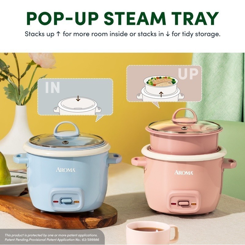 4-Cup Rice Cooker Food Steamer Nonstick Ceramic Automatic Shut-Off Pop-Up Basket