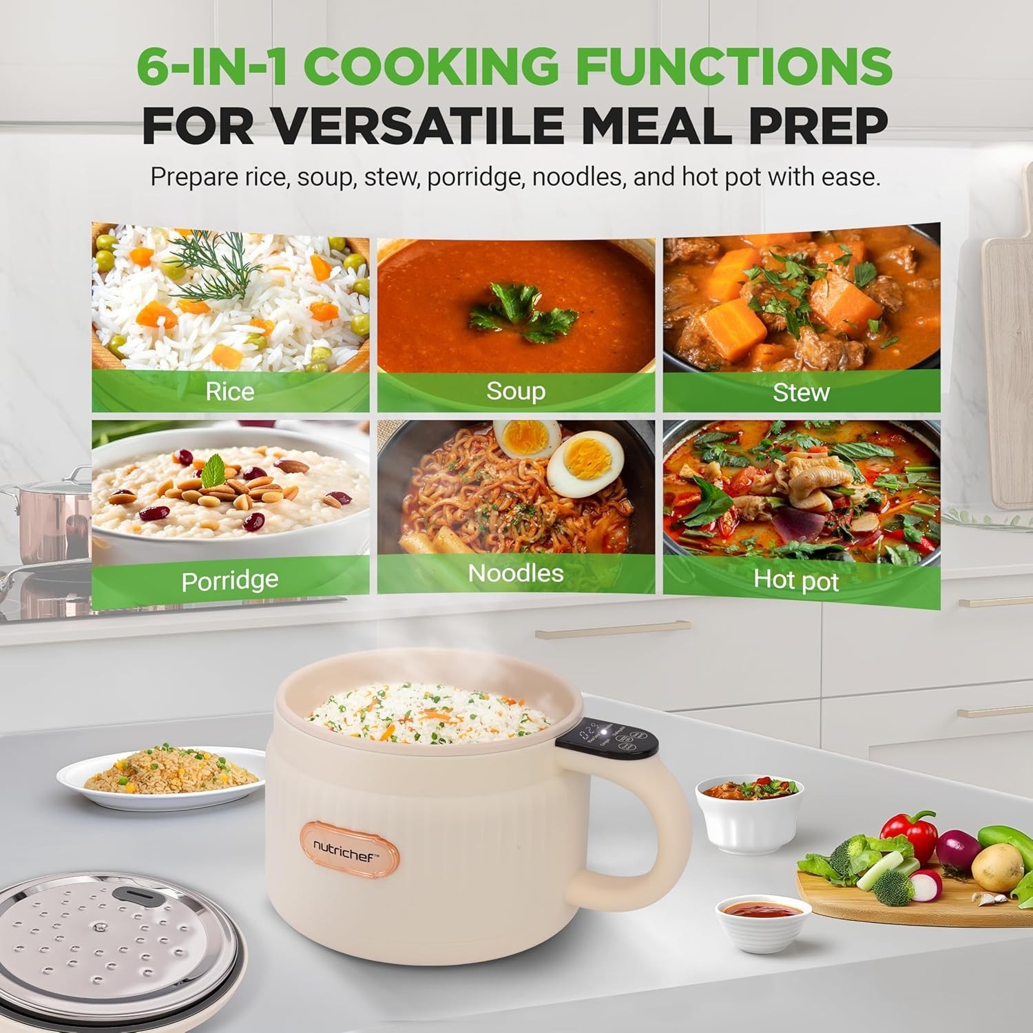 NutriChef 1.6 QT Portable Electric Rice Cooker & Lunch Maker – White