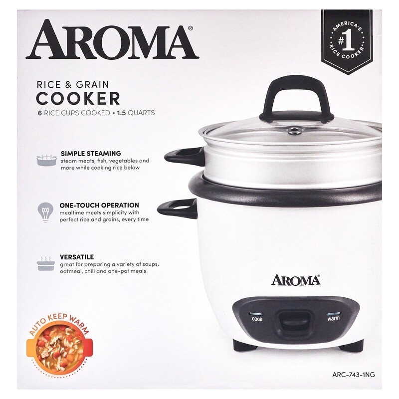 6-Cup Rice Cooker Food Steamer Automatic Keep-Warm Nonstick Easy Cleanup White