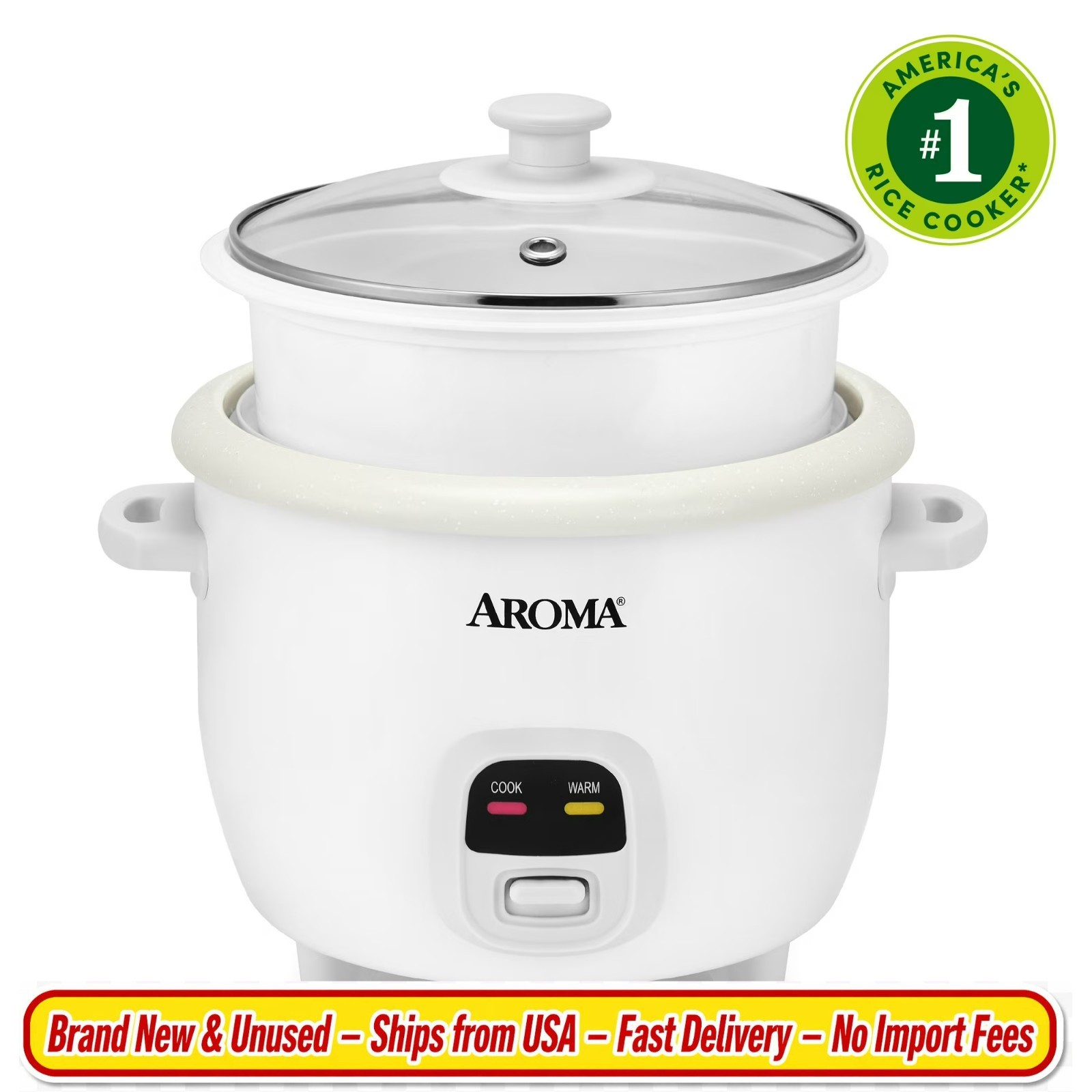 Aroma 6-Cup Rice Cooker Food Steamer Nonstick Bonded Granite Ceramic Pot White