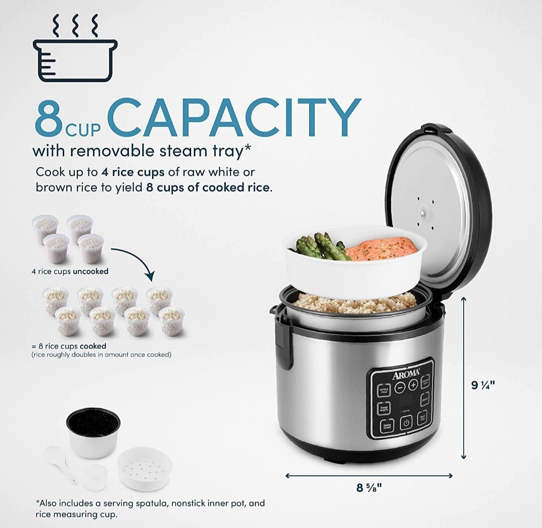 Silver Stainless Steel Digital Rice Cooker and Food Steamer – 8 Cups Cooked/4 Cu
