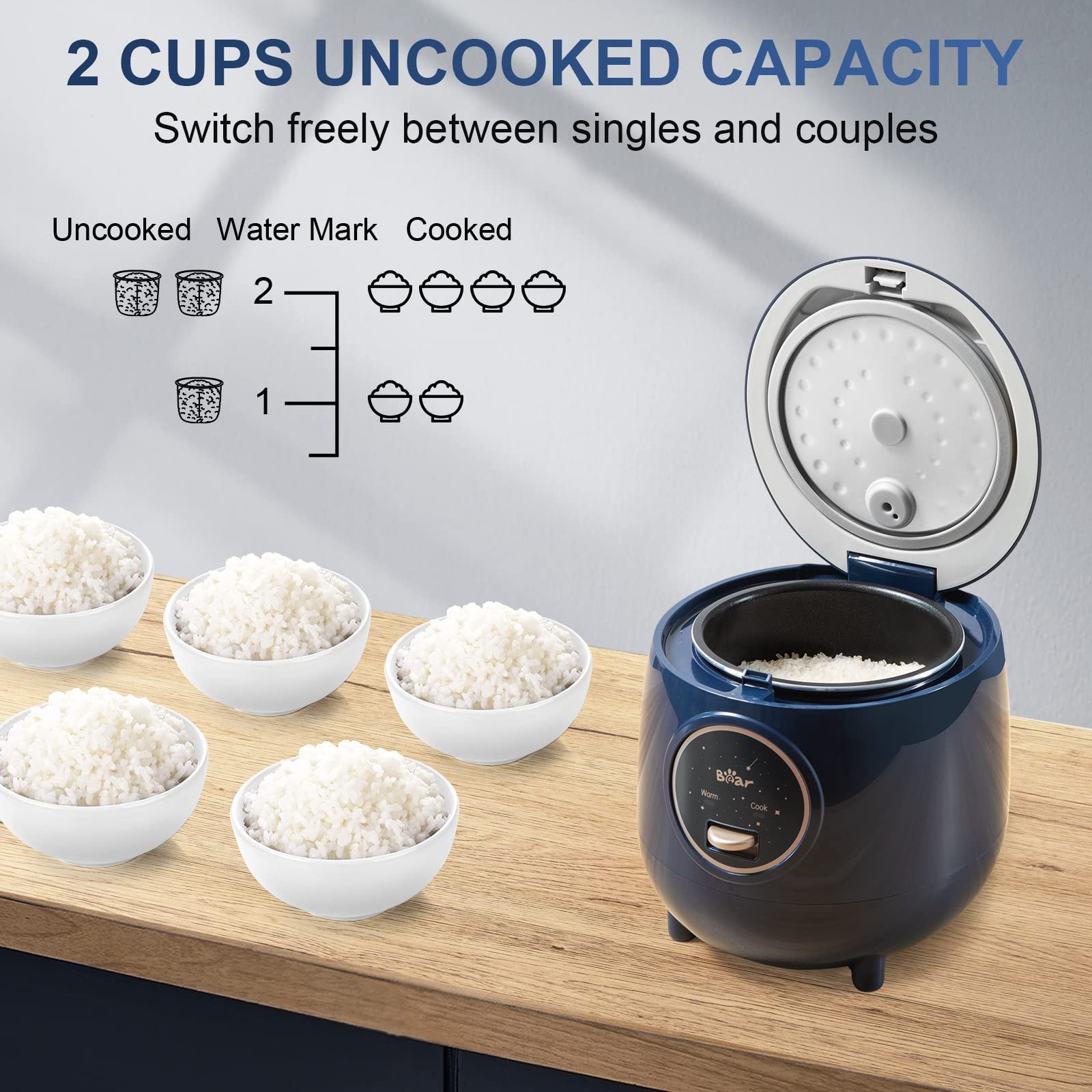 Bear Mini Rice Cooker 2 Cups Uncooked, 1.2L Portable Non-Stick Small Travel Rice