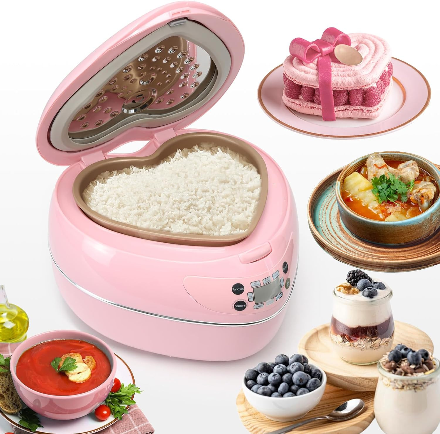 Peach Heart 8-Cup Rice Cooker, 300W Multifunction with Timer, Pink 1.8L