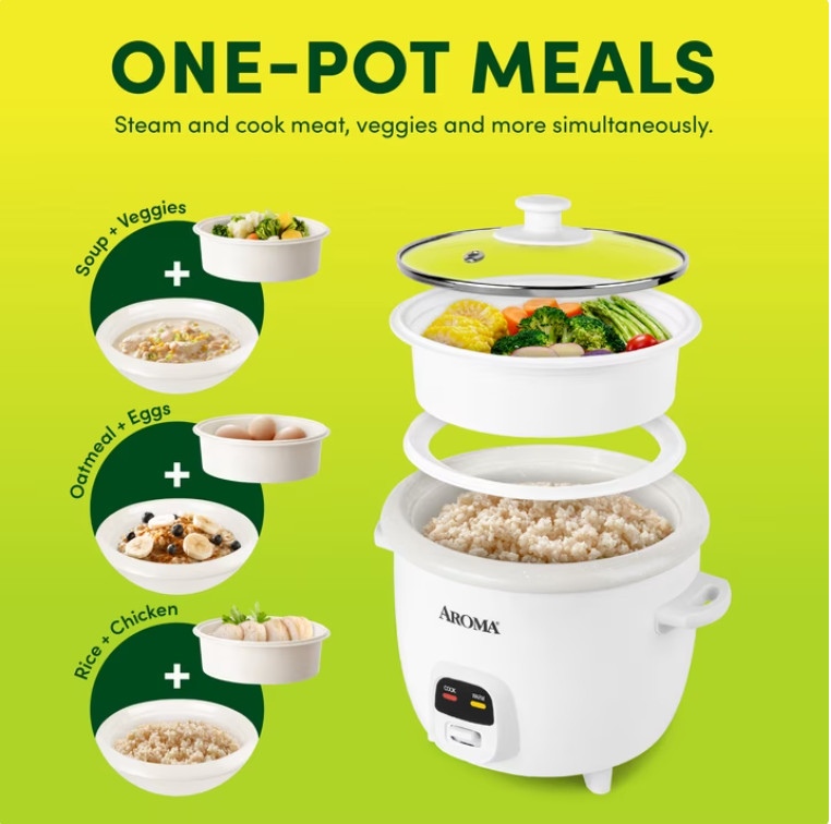 AROMA 6-Cup Rice Cooker & Food Steamer with Bonded Granite Nonstick Ceramic