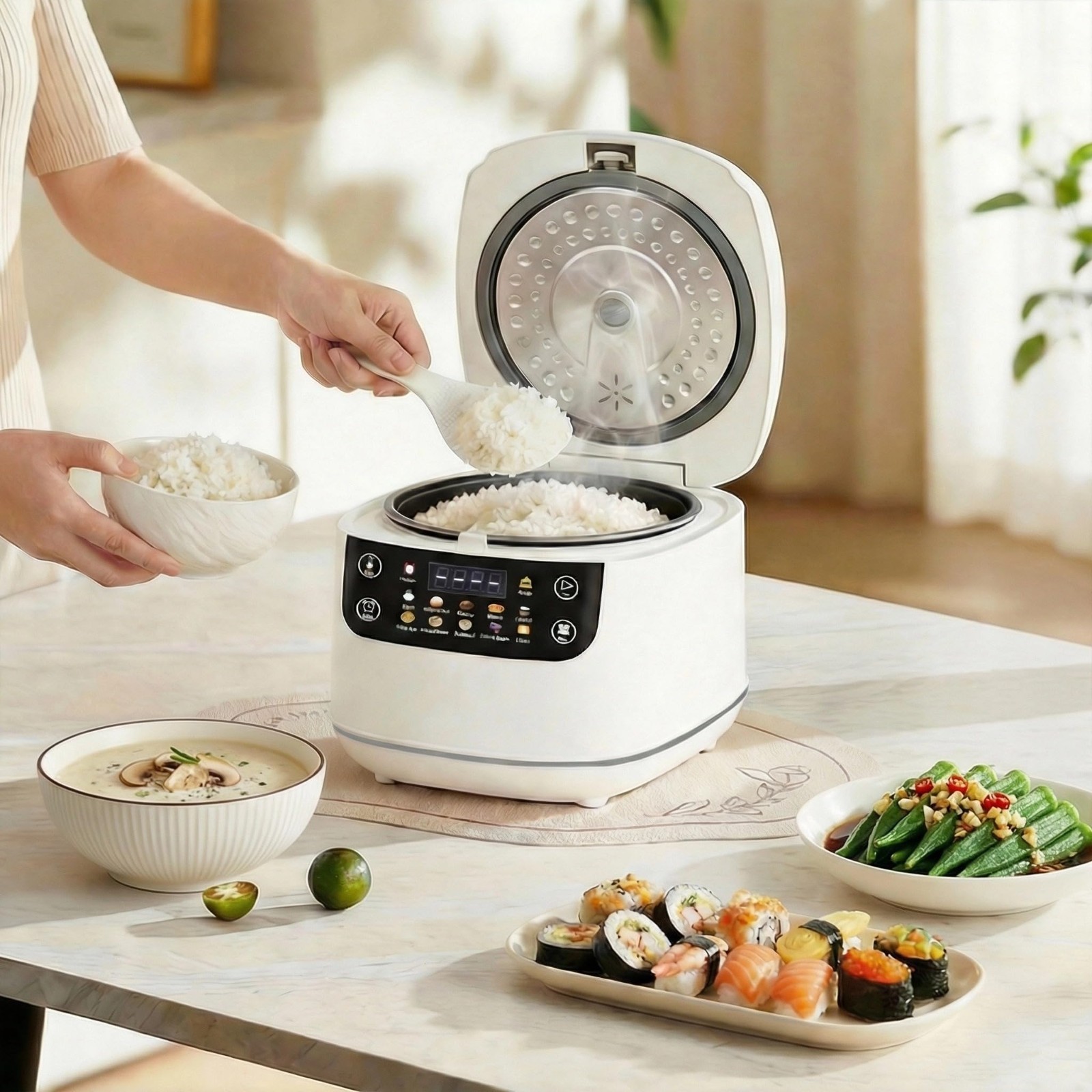 Compact 6-Cup Digital Rice Cooker with Steaming Basket, 10 Menu Options, Auto Ke