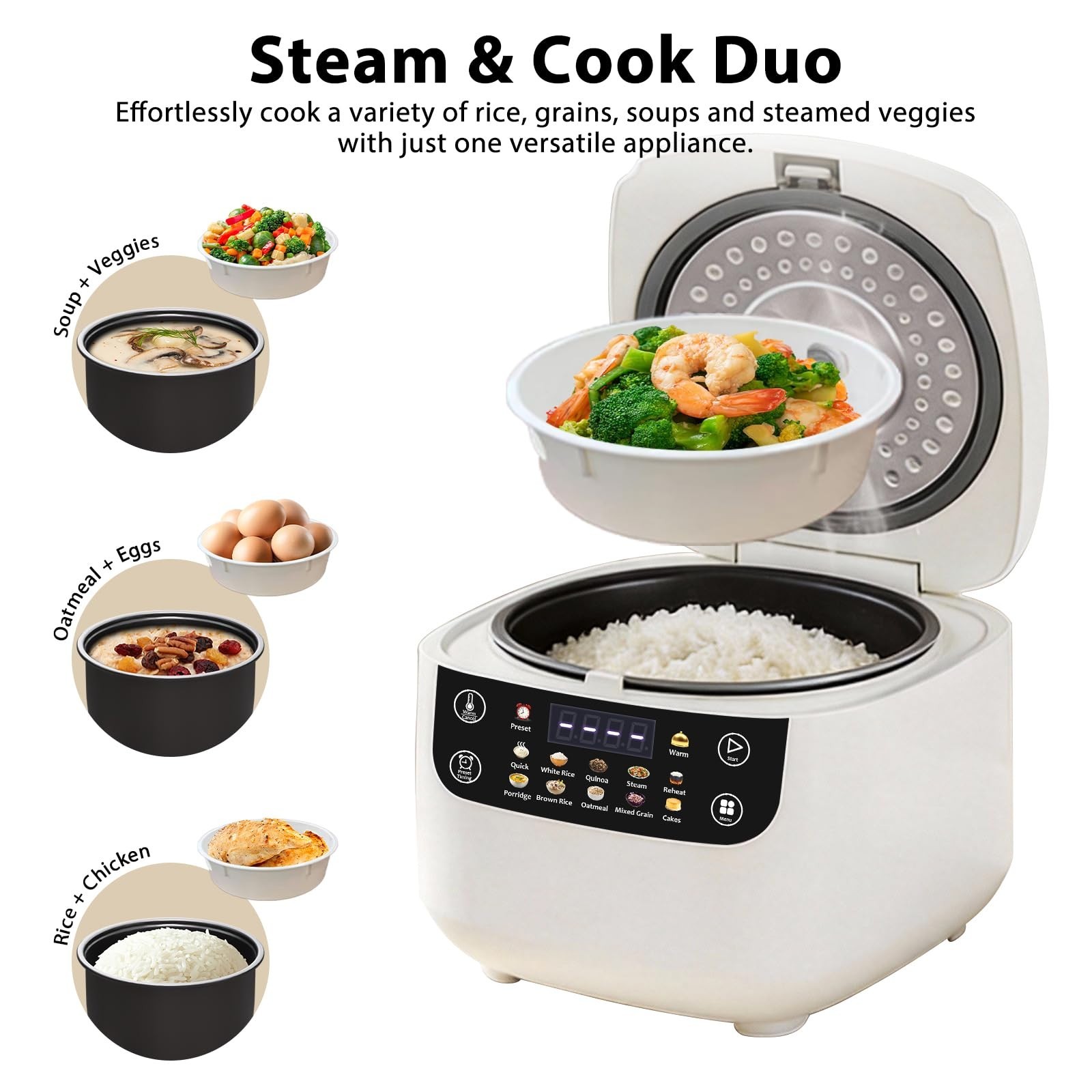 Compact 6-Cup Digital Rice Cooker with Steaming Basket, 10 Menu Options, Auto Ke