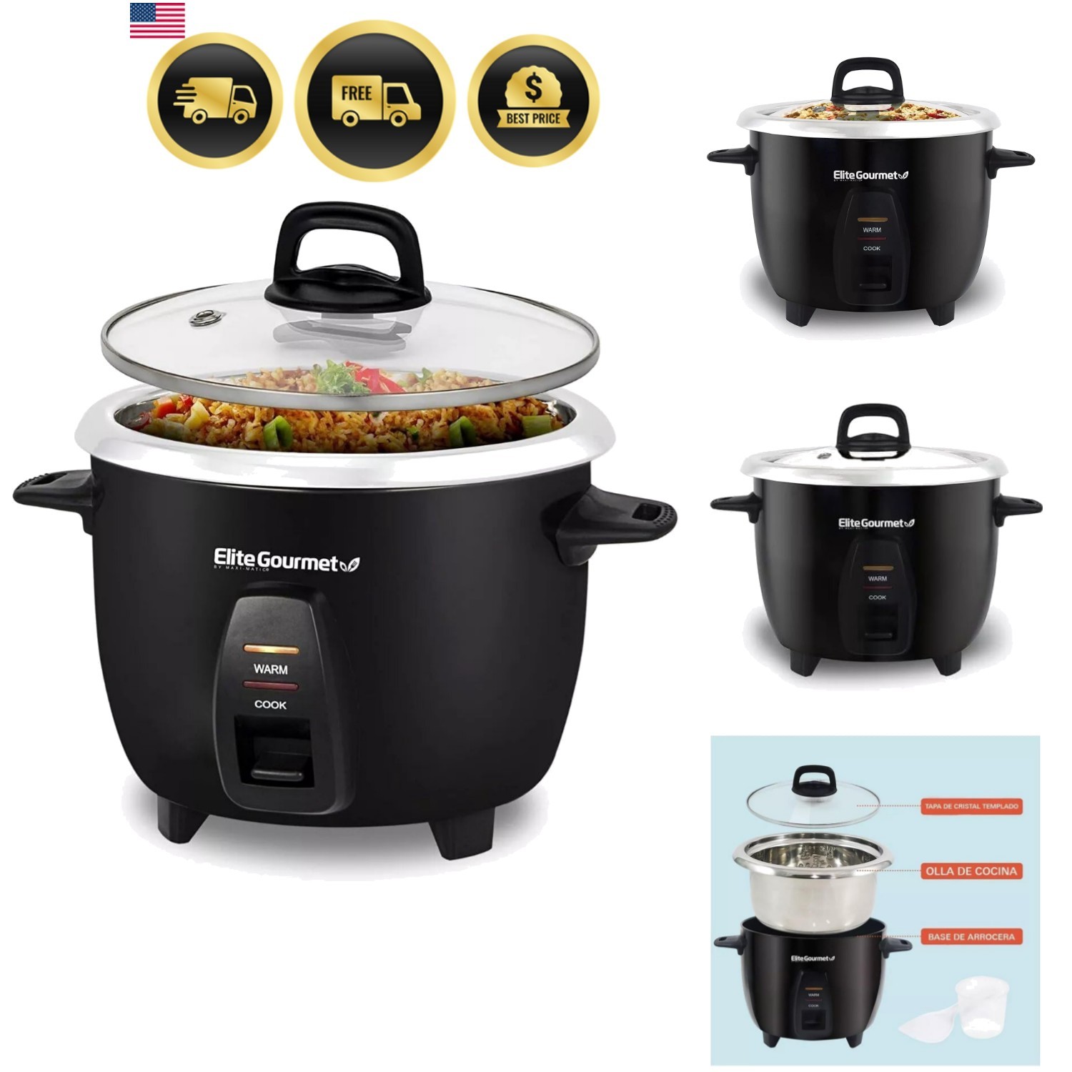 Rice Cooker 10 Cups Capacity Stainless Steel Inner Pot Easy Cook Keep Warm