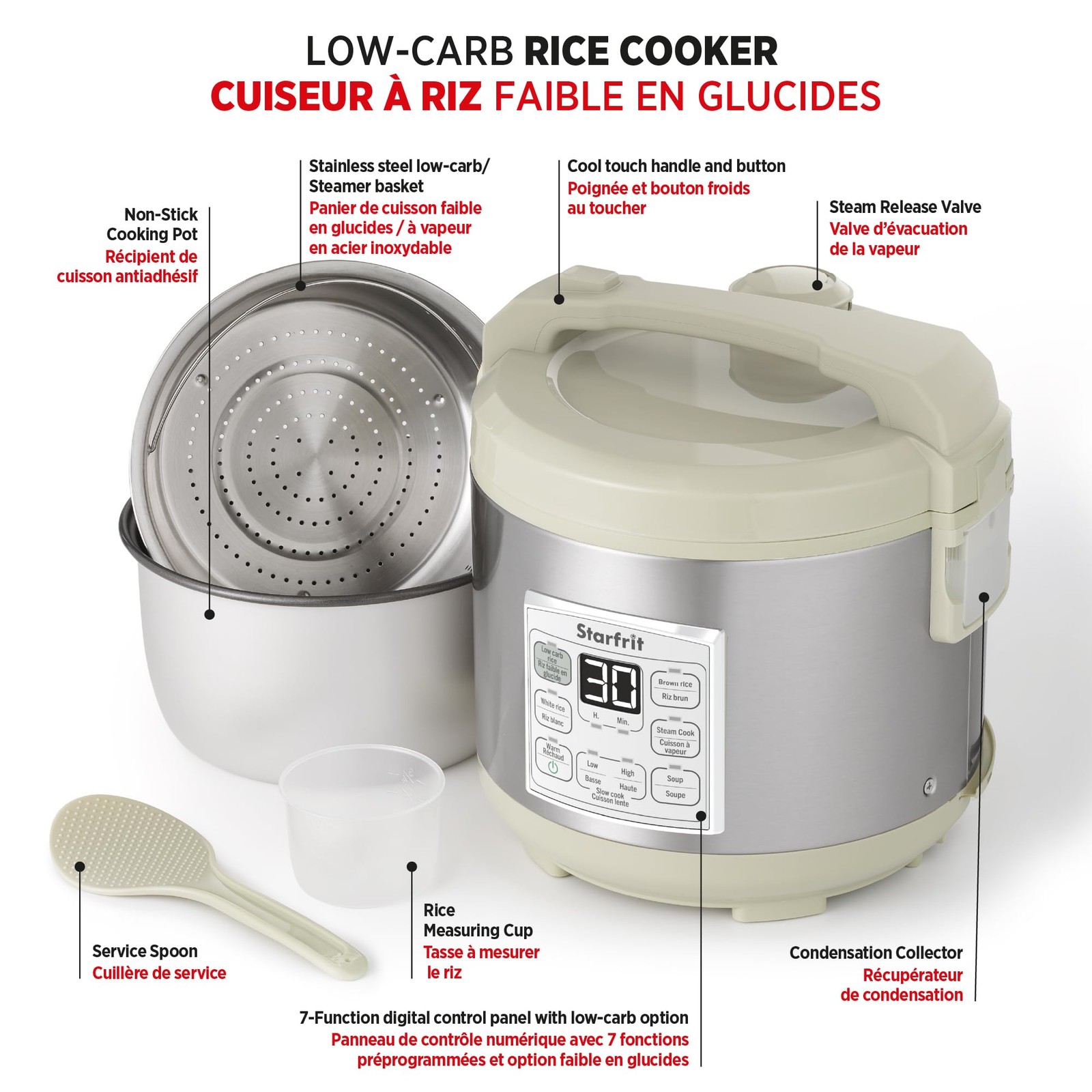 Low Carb Rice Cooker 14 Cups 500W Stainless Steel – 7 Preset Functions