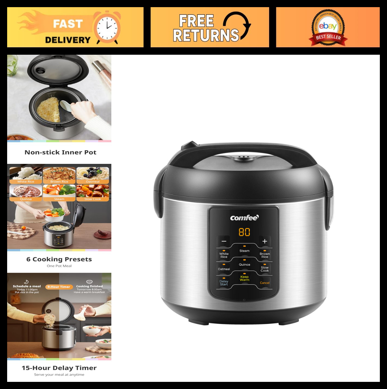 Compact 6-in-1 Rice Cooker & Multi-Cooker, 2QT Stainless Steel, Slow Cook, Steam