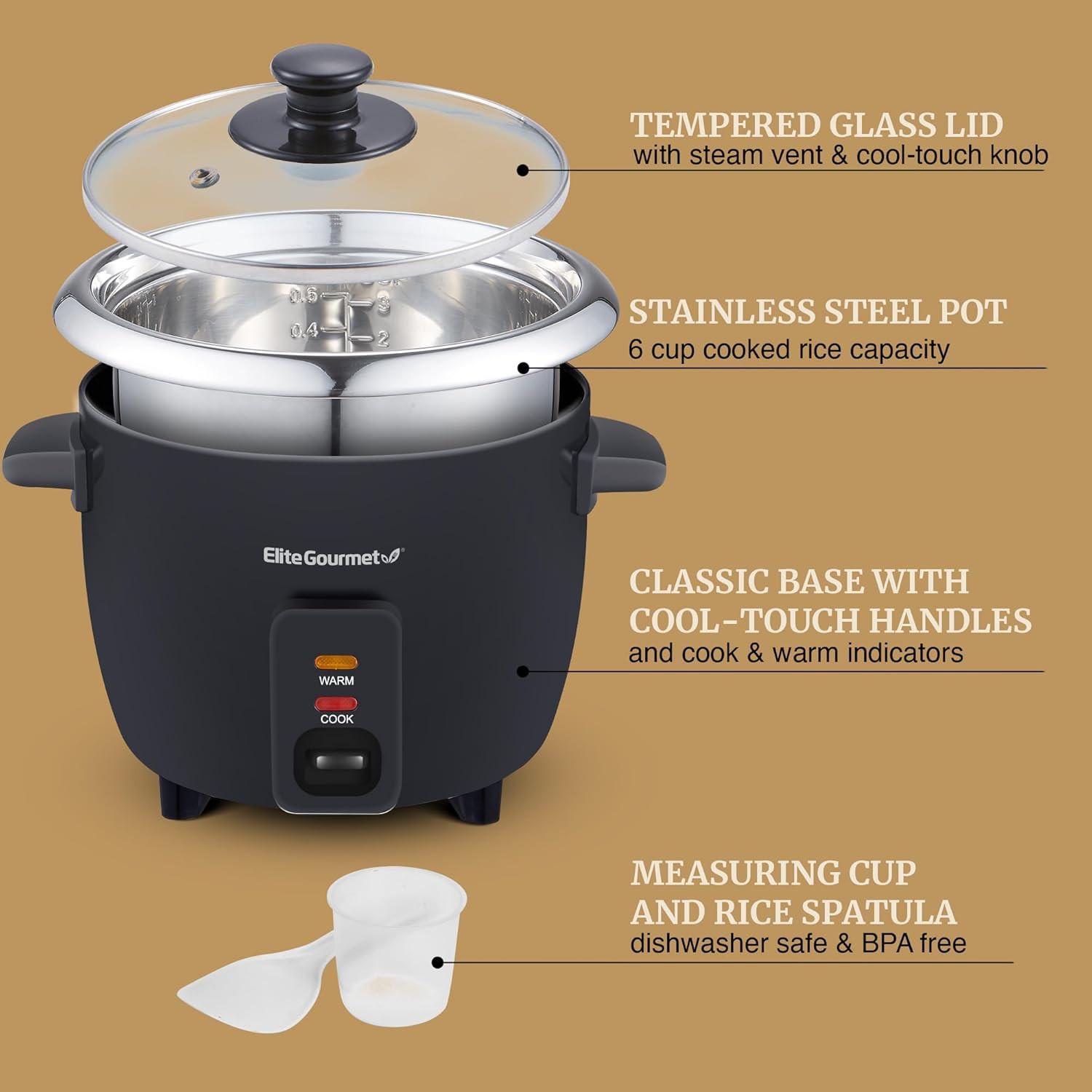 Elite Gourmet ERC006SS 6-Cup Electric Rice Cooker with Stainless Steel Inner Pot