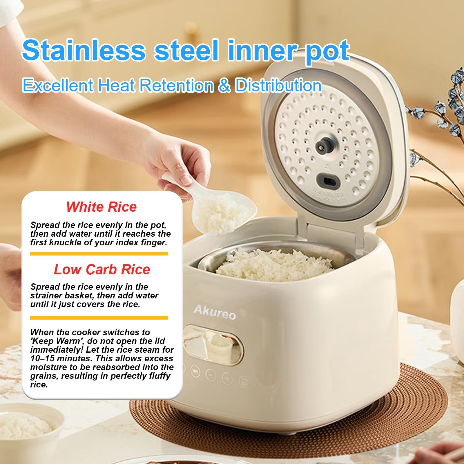 Akureo 5 cup 2.5L Low Suger Rice Cooker with 304 Stainless Steel inner pot