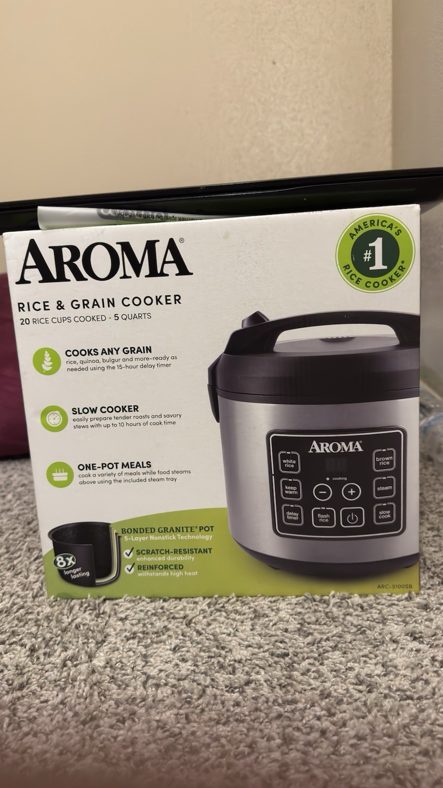 AROMA ARC-S100SB Rice & Grain Cooker 20 Cup Stainless Steel Silver Pot Lid Tray