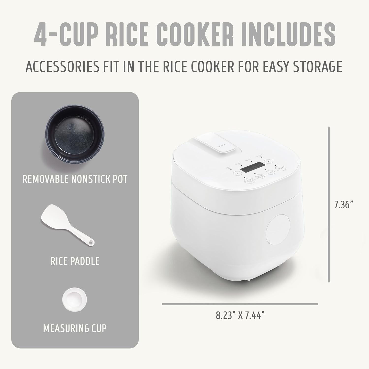 Digital Rice Cooker, 2-Cups Uncooked/4-Cups Cooked, Removable Nonstick Cerami…