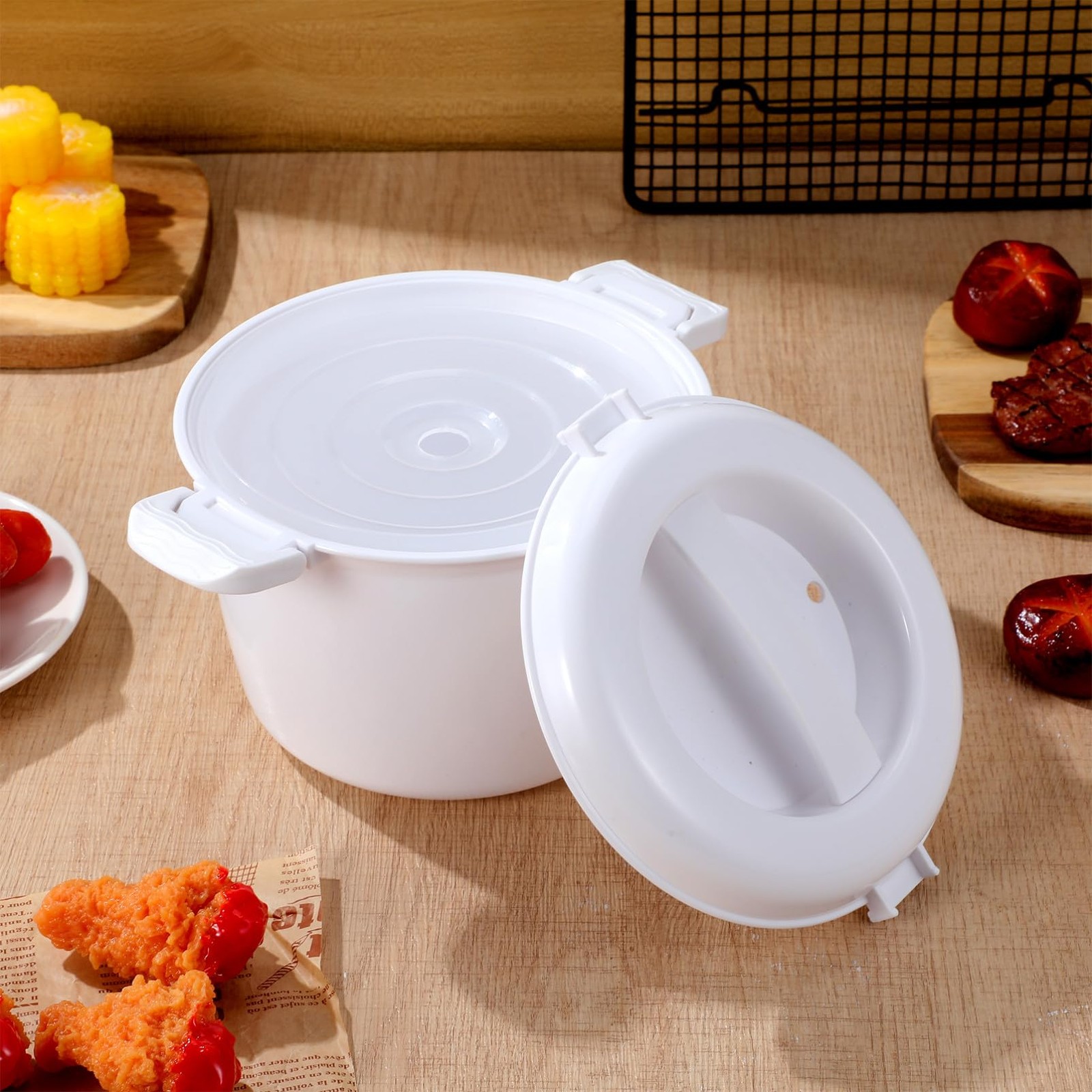 Microwave Rice Cooker Multifunctional Plastic Steamer Bowl Veggie Soup White