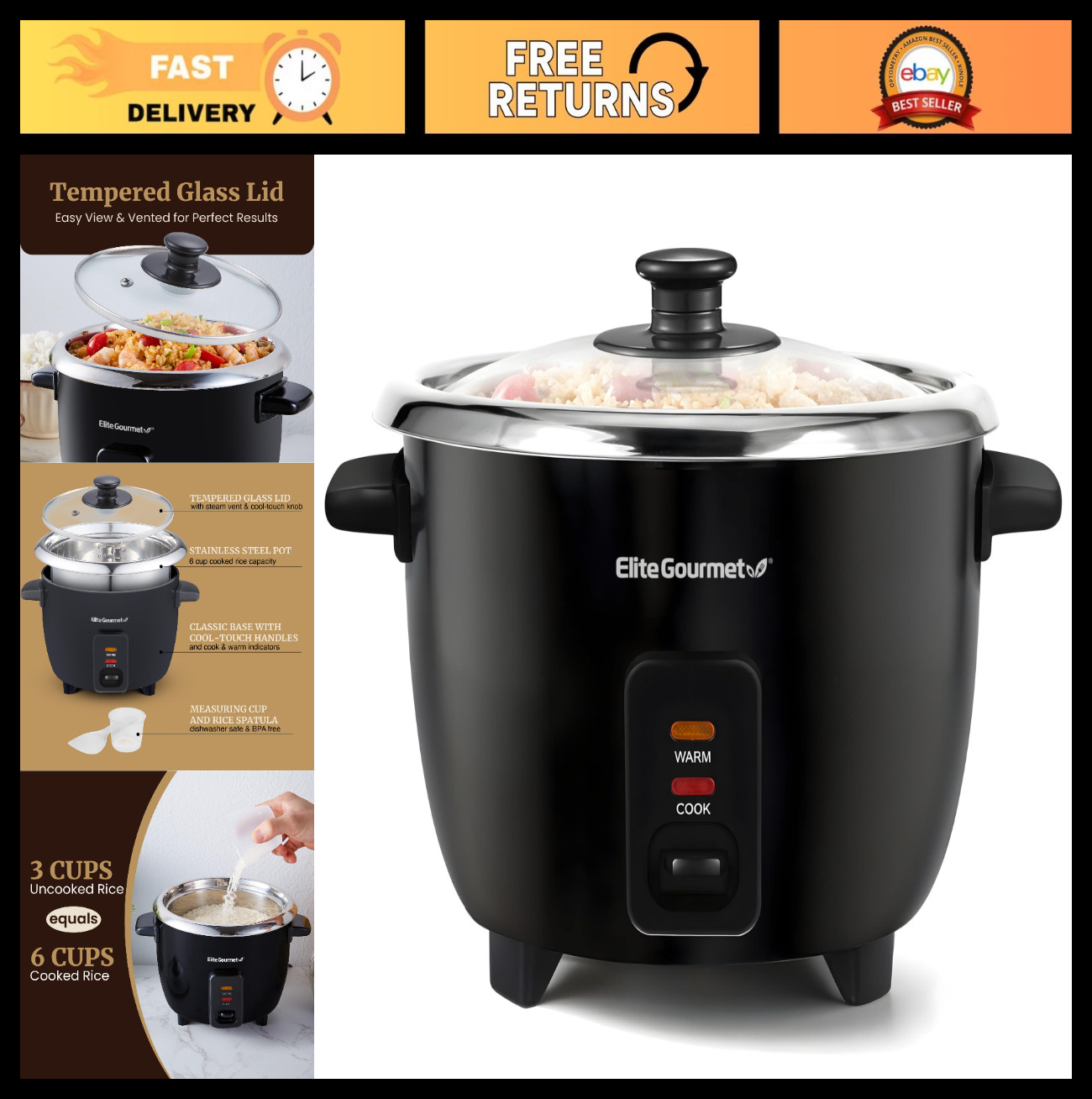6-Cup Electric Rice Cooker with Stainless Steel Pot – Makes Soups, Stews & Grain