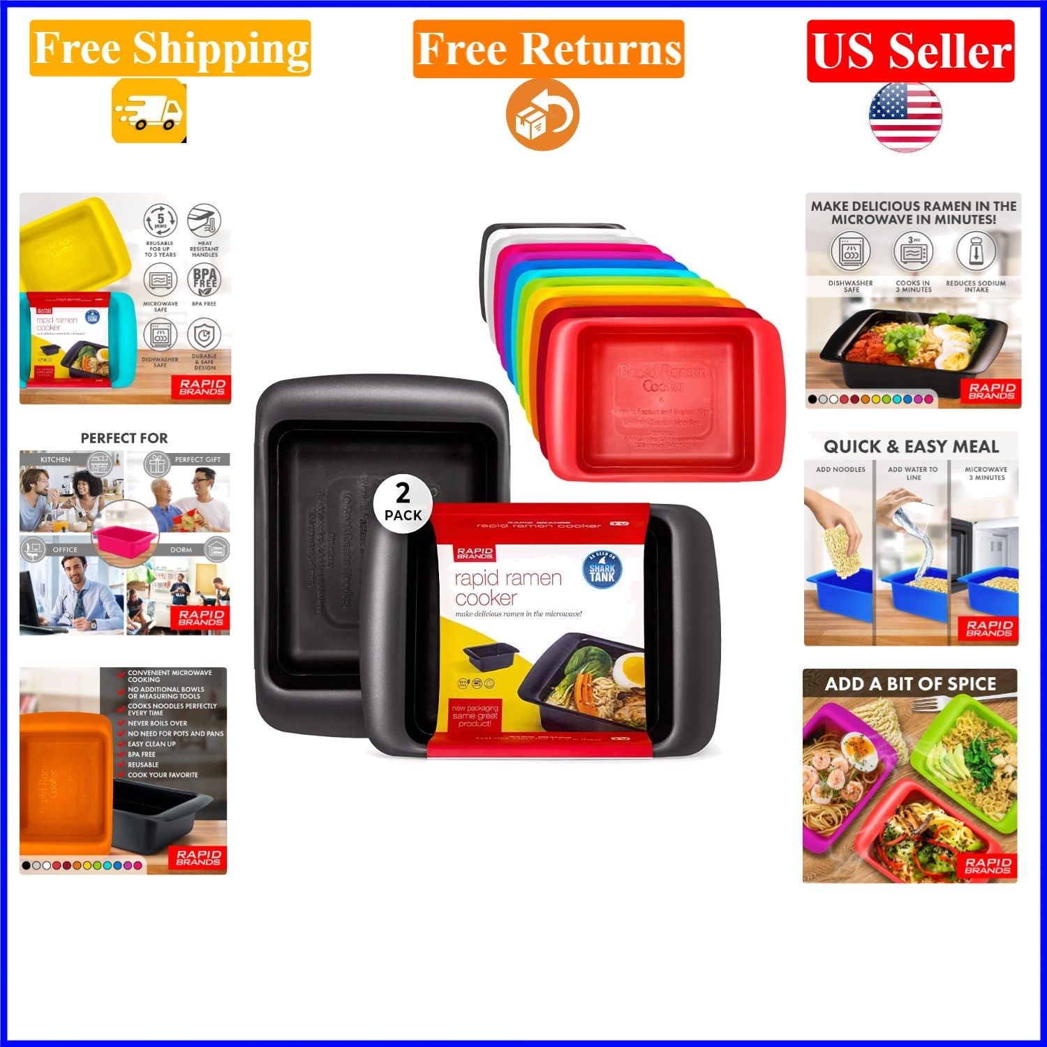 Rapid Ramen Cooker 2-Pack Black, Microwave Safe, BPA-Free, for Noodles