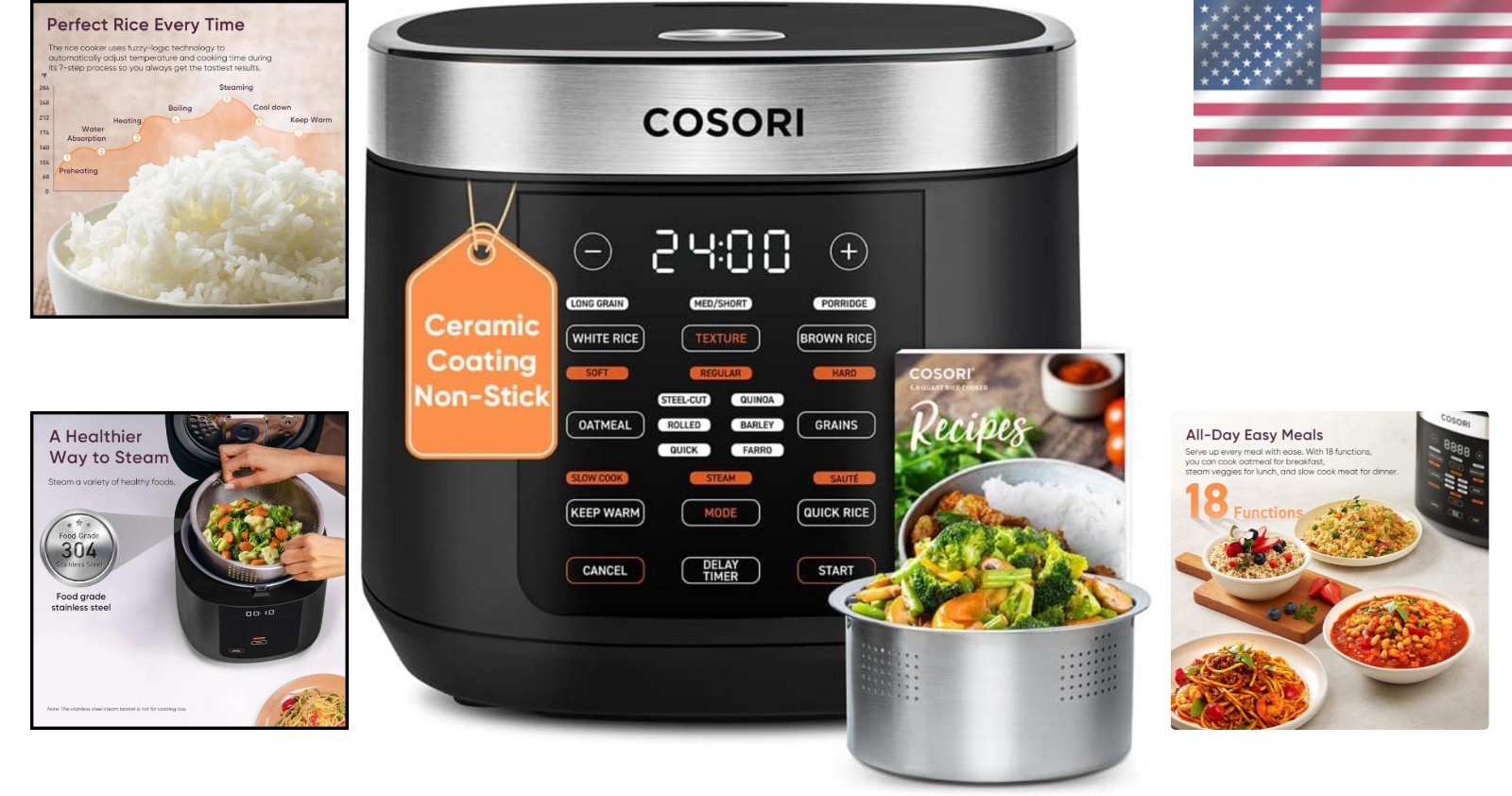 Elegant 10-Cup Fuzzy Logic Rice Cooker with 18 Functions & Keep Warm Feature