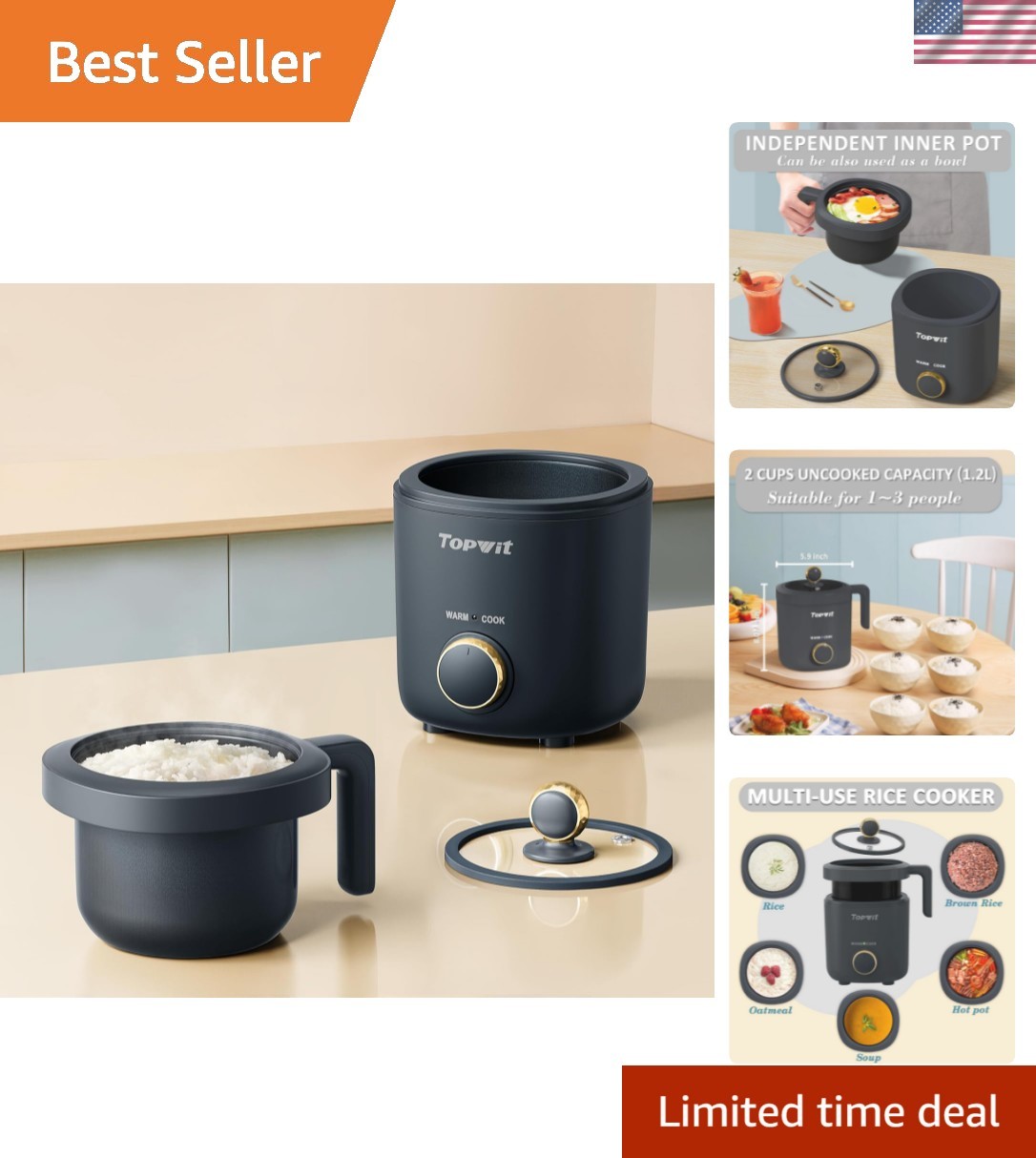 Rice Cooker Small, Mini Rice Cooker 2 Cups Uncooked, 1.2L Portable Rice Maker…