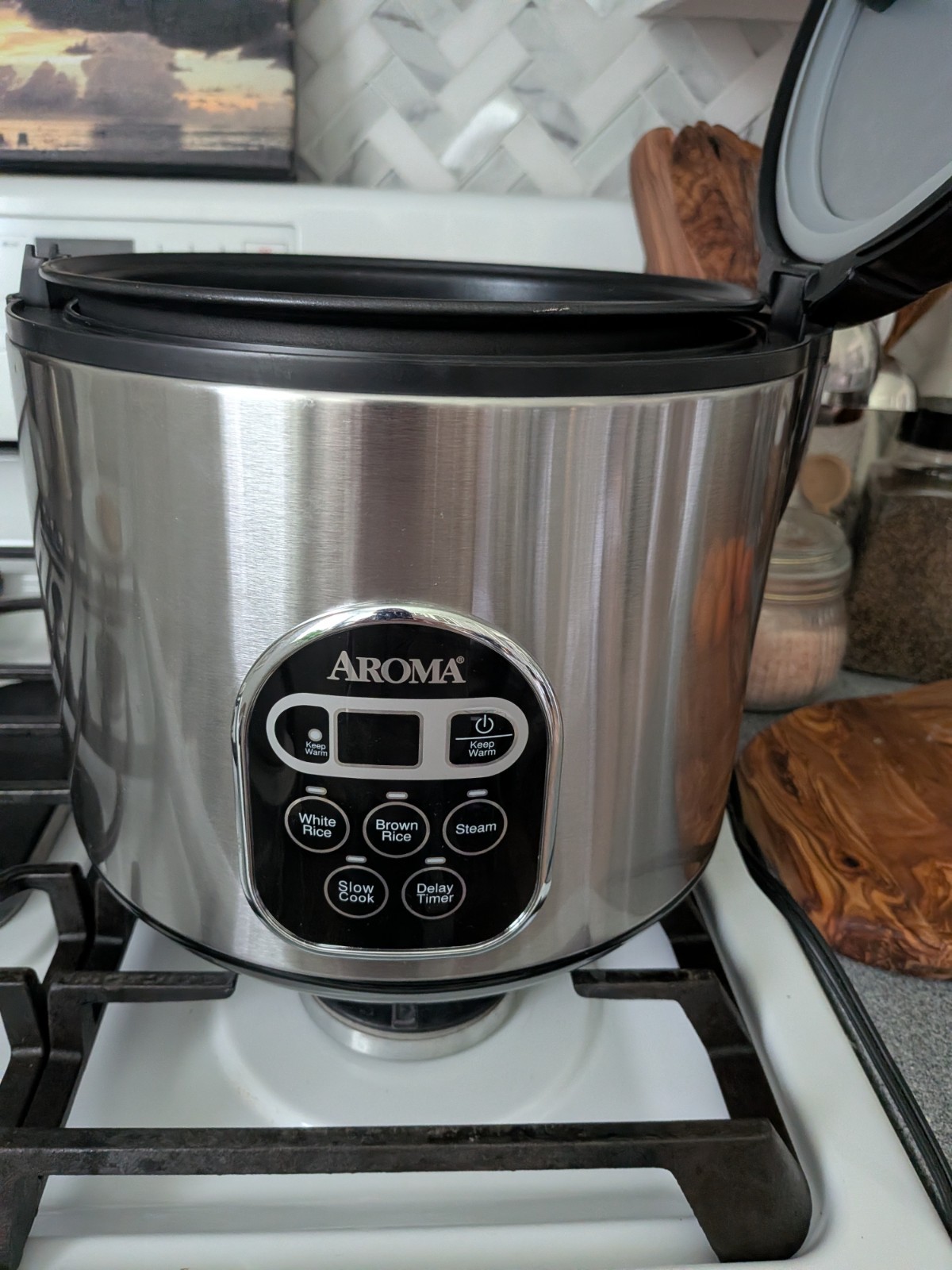 AROMA Stainless Steel Electric Rice Cooker 8 Cup Silver Black 6 Settings Steam