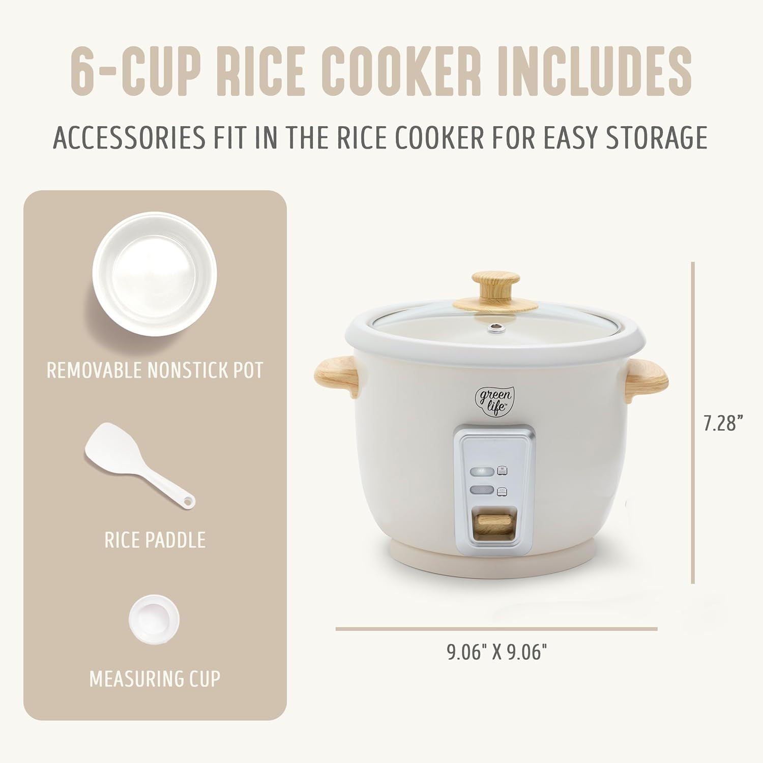 Rice Cooker with Removable Pfas-Free Ceramic Nonstick Pot, 3-Cups Uncooked/6-Cup