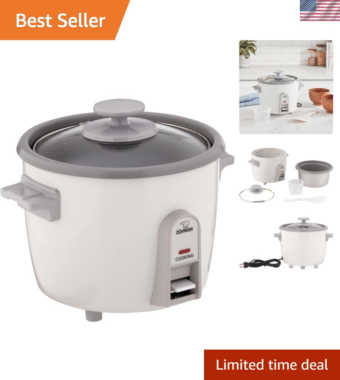 Versatile 3-Cup White Rice Cooker with Durable Non-Stick Interior & Accessories