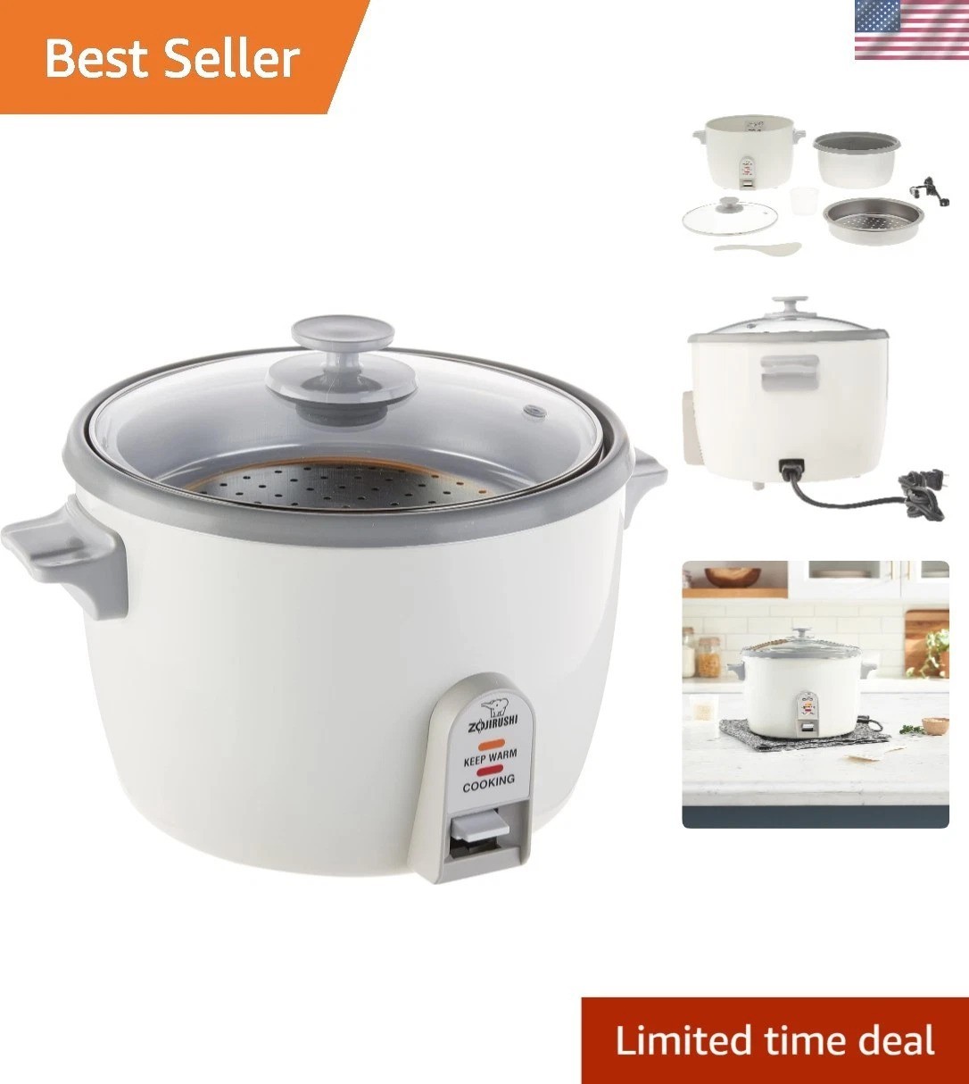 Stainless Steel 10-Cup Rice Cooker with Easy Control and Serving Tray – White