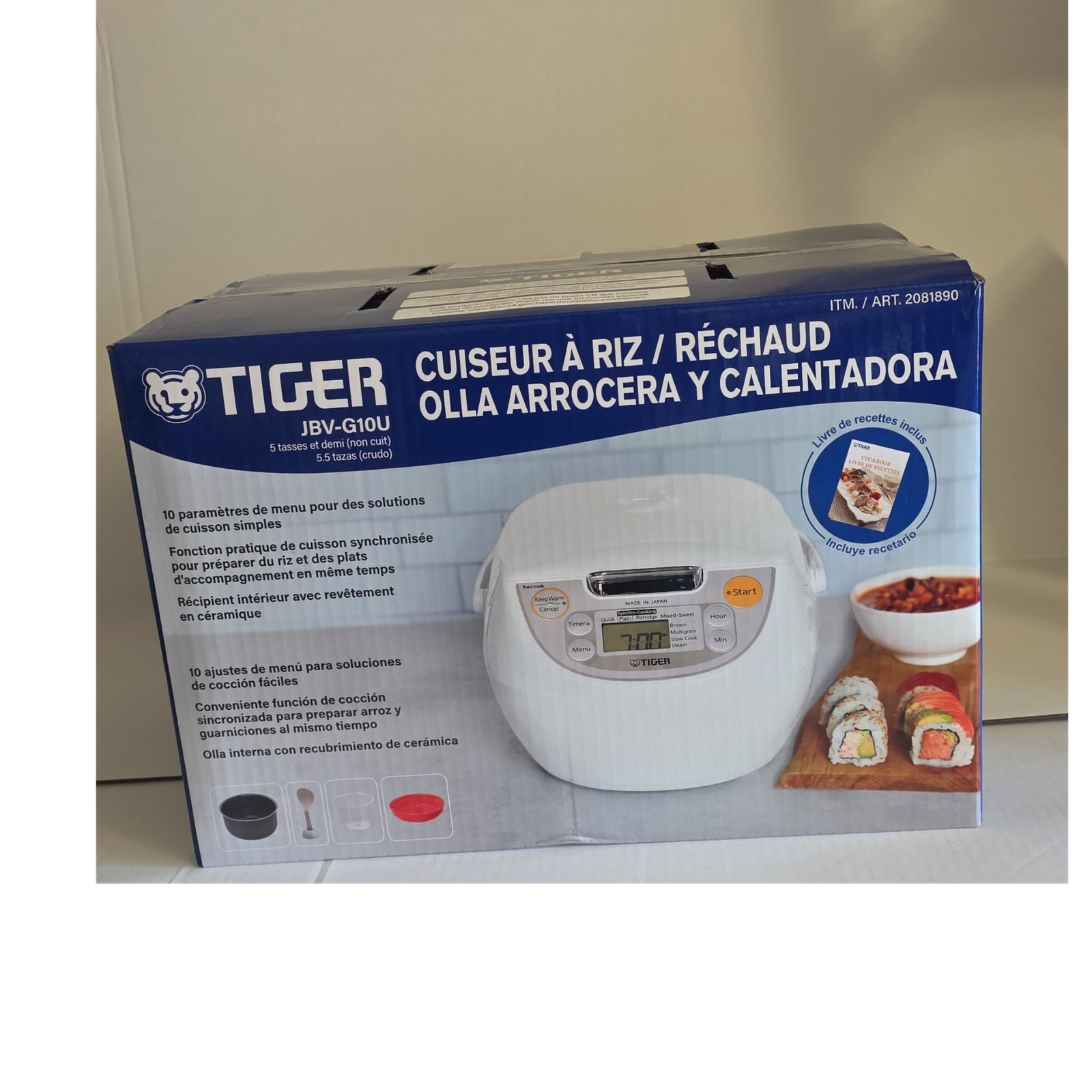 Tiger JBV-G10U 5.5-Cup Rice Cooker & Steamer, 10 Programs, White 120V
